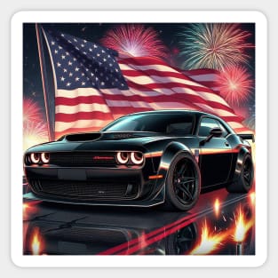 Dodge Challenger Hellcat and The American Flag by Gas Autos Sticker